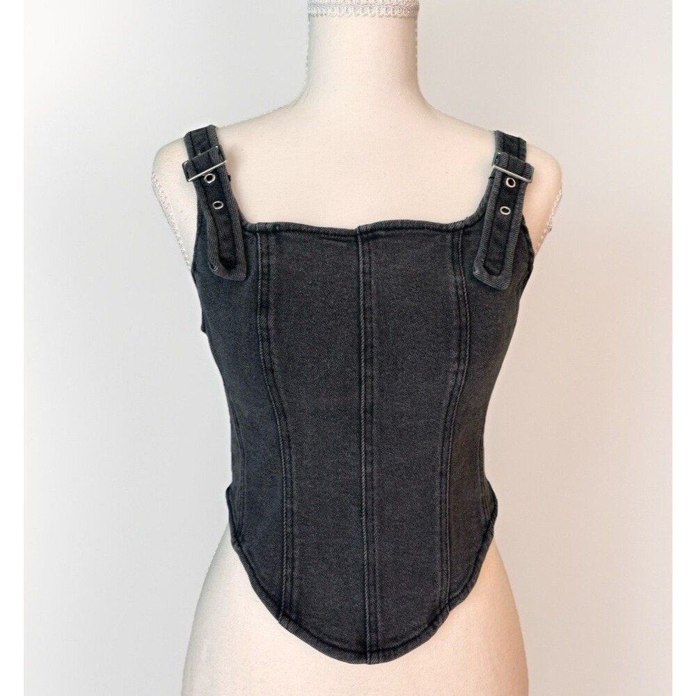 Y2K Grunge Black Wash Denim Corset Top Buckle Strap Bustier Crop Tank Small